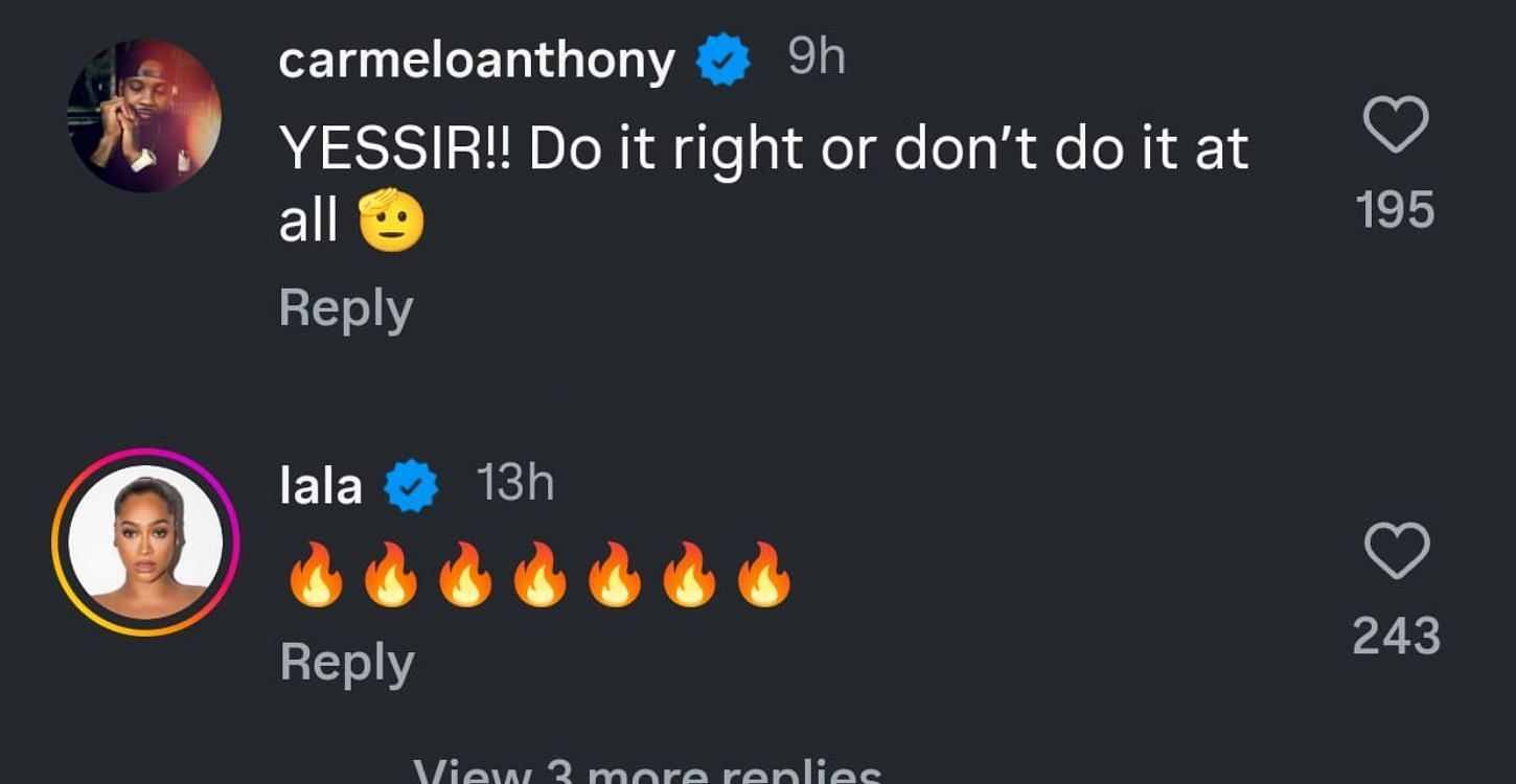 Carmelo and La La Anthony's comments on their son’s Instagram post.